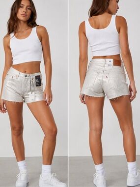 Levis 501 Original High Rise Shorts Gold Metallic White Denim